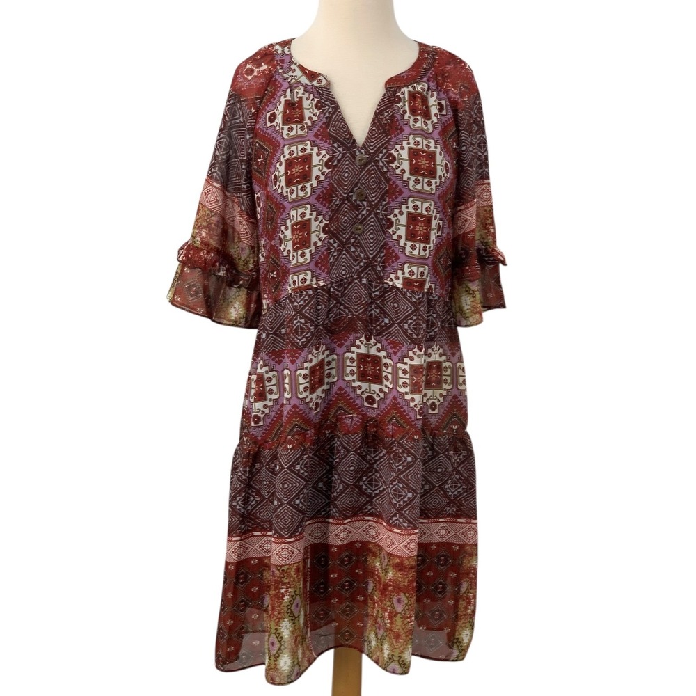 Rabbit Rabbit Rabbit Designs 3/4 Sleeve Boho Dress Geometric V-Neck Tiered Sz‎ 6